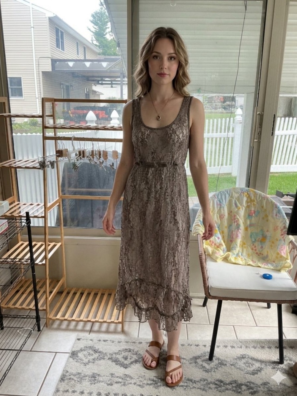 Maurices Taupe Lace Midi Dress with Ruffle Hem